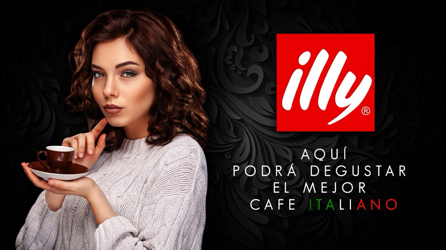 Cartel promocional de illy aportado por Café Marlene, con una mujer sosteniendo una taza de café