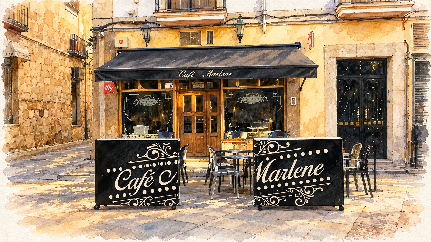 Interpretación en acuarela de Café Marlene, con su fachada y el toldo desplegado