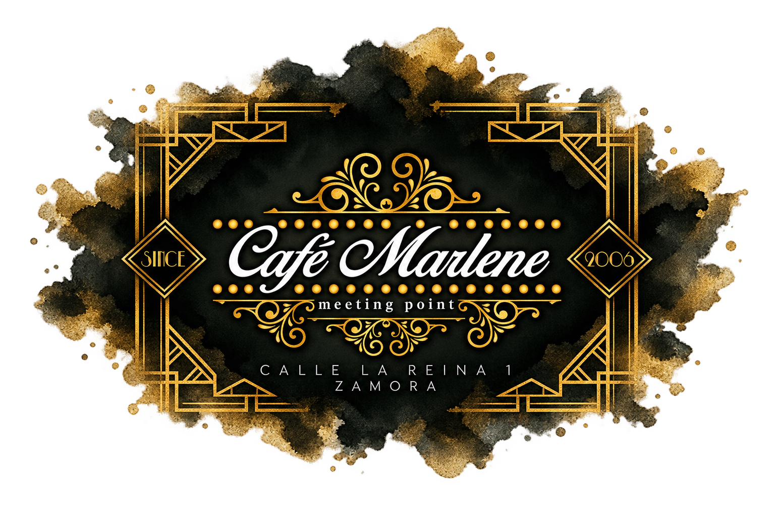 Escudo de Café Marlene, blanco y dorado, con acabado artístico de acuarela y bordes difuminados